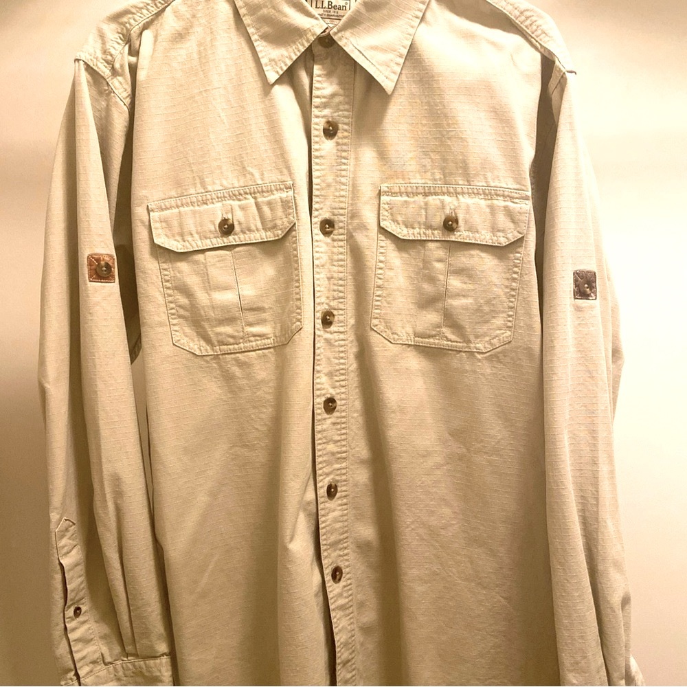 L.L. Bean Utility Long Sleeve Shirt Men Large Beige Tan Pattern Cotton Camo Trim